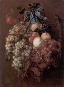 Natura Morta Con Uva, Melograni E Fiocco Azzurro by Anton Nerber