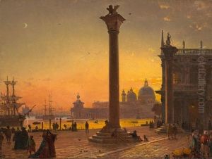 Blick Vom Dogenpalast In Venedig Auf Die Lowensaule Und Die Kirche Santa Maria Della Salute Im Abendlicht