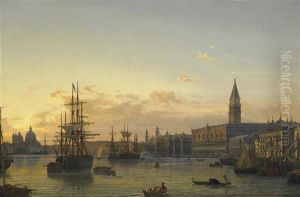 Blick Uber Das Bacino Di San Marco In Venedig Mit Panorama Von S. Maria Della Salute Bis Zu Den Kuppeln Von S. Marco Bei Sonnenuntergang by Friedrich Nerly