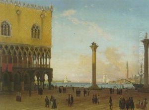 Die Piazetta Von Venedig Mit Dogenpalast Links Und Zahlreichen Menschen Auf Dem Platz Die Piazetta Von Venedig Mit Dogenpalast Links Und Zahlreichen Menschen Auf Dem Platz