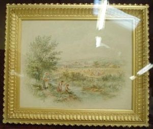 Children Fishing Beside A Stream With Figures Working In Fields Beyond by Foster Birkett