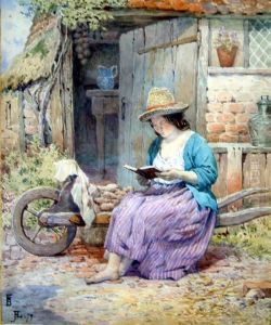 Girl Reading Whilst Seated On A Barrow Girl Reading Whilst Seated On A Barrow