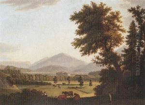 A View Of A Country House, With Figures And Cattle In The Grounds, Foothills Beyond