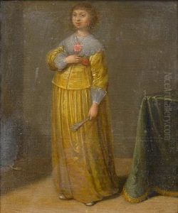 Portrait Of A Lady, Full-length, In A Yellow Dress With A White Lace Collar, Held With A Red Rosette, Standing Beside A Draped Table