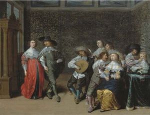 Elegant Company Making Merry And Music In An Interior by Laurentius de Neter