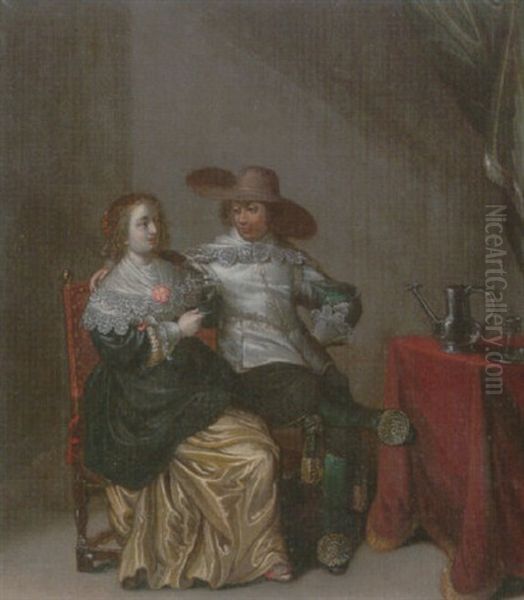 An Interior With A Soldier Making Advances To A Lady, Beside A Draped Table With A Pewter Jug - view 1