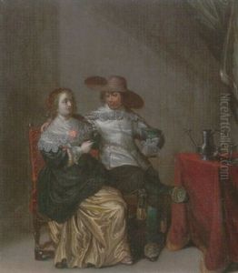 An Interior With A Soldier Making Advances To A Lady, Beside A Draped Table With A Pewter Jug