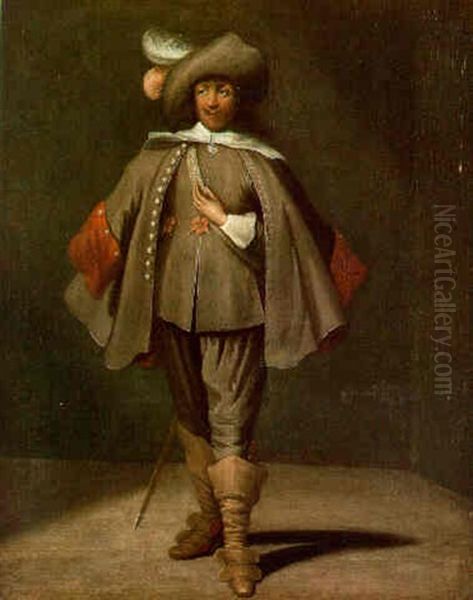A Militiaman Standing In A Brown Coat And Cloak And Wearing A Plumed Hat - view 1