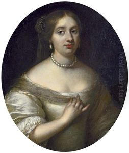 Bildnis Einer Frau In Einem Kleid Aus Weiser Atlasseide, Mit Perlenkette Und Perlohrringen