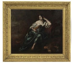 Maiden Seated Before A Still Life Of Fruit, A Landscape In The Distance Maiden Seated Before A Still Life Of Fruit, A Landscape In The Distance