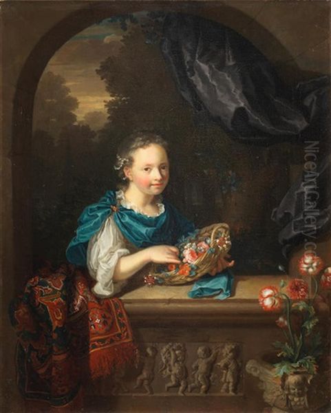 A Girl With A Basket Of Flowers Beside A Carved Stone Window Ledge - view 1