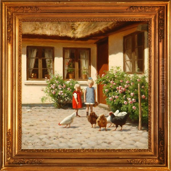 Two Girls Feeding The Hen - view 1