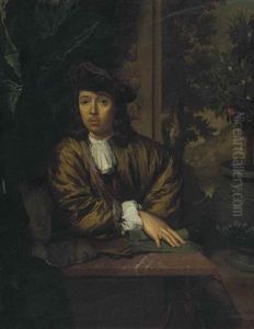 Portrait Of An Artist, Half-length, With A Palette, Marble Busts, And An Orange Tree by Caspar Netscher