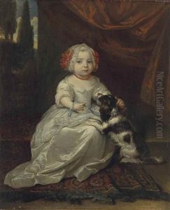 Portrait Of A Young Girl With A Dog Seated Before A Red Curtain, A Park Landscape Beyond
