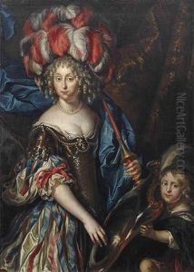 Portrait Of A Lady, Three-quarter Length, Dressed As An Amazonian With A Young Boy By Her Side Standing Before A Curtain