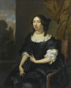Portrait Of A Lady, Three-quarter Length, Seated Before A Window, Wearing A Black Bodice And Petticoat And A Pearl Necklace by Caspar Netscher