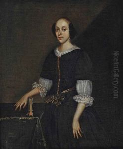 Portrait Of A Lady, Three-quarter-length, In A Brown Dress, Standing Beside A Table by Caspar Netscher