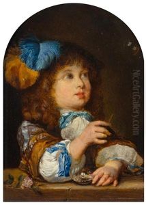 Portrait Of A Boy, In A Feather Headdress, Making Bubbles by Caspar Netscher