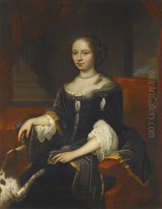 Portrait Of A Lady, Seated In A Luxurious Interior, With Her Dog Jumping Up