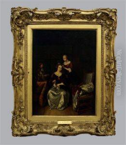 Lady In Her Bed Chamber With Attendants And A Dog by Caspar Netscher