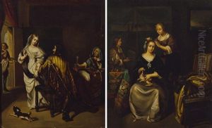 Couple Dans Un Interieur Femme A Sa Toilette (pair) by Caspar Netscher