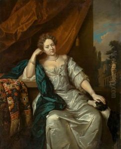 Portrait Of A Woman In A Silver Silk Dress And Blue Shawl, With Dog