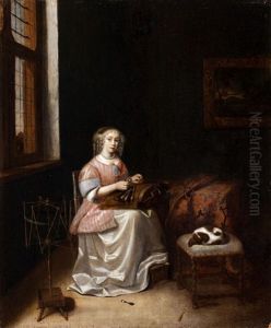 Jeune Femme Brodant Dans Un Interieur