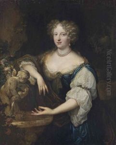 Portrait Of A Lady, Three-quarter-length, In A Blue And White Dress, With A Gold Wrap And Pearl Ornaments, By A Fountain In A Landscape by Caspar Netscher