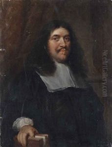 Portrait Of A Man, Half-length, In Black Robes And A Collar, Before A Draped Column by Caspar Netscher