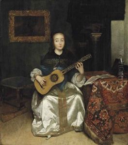An Elegant Woman Playing The Guitar By A Draped Table, In An Interior by Caspar Netscher