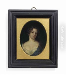 Martha, Lady Giffard (1638-1722), In White Decollete Dress And Blue Cloak; Dark Background by Caspar Netscher