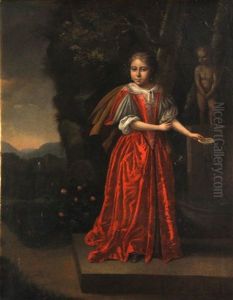 A Portrait Of A Young Girl, Full-length, Wearing A Red Gown, Standing Before A Fountain In A Garden by Caspar Netscher
