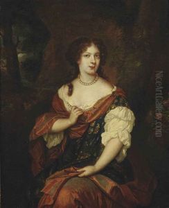 Portrait Of A Lady, Three-quarter-length, In A Richly Embroidered Dress With White Sleeves And A Shot Silk Wrap, Wearing Pearls, Seated In A Wooded... by Caspar Netscher