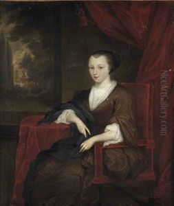 Portrait Of A Lady, In A Brown Dress And Black Wrap With A White Collar And Cuffs, Seated At A Draped Table With A View Of A Park Landscape Beyond by Caspar Netscher