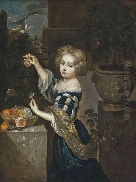 Portrait Of A Young Girl Wearing A Blue Velvet Dress And Holding Two Pink Roses, In A Garden - view 1