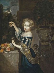Portrait Of A Young Girl Wearing A Blue Velvet Dress And Holding Two Pink Roses, In A Garden by Caspar Netscher