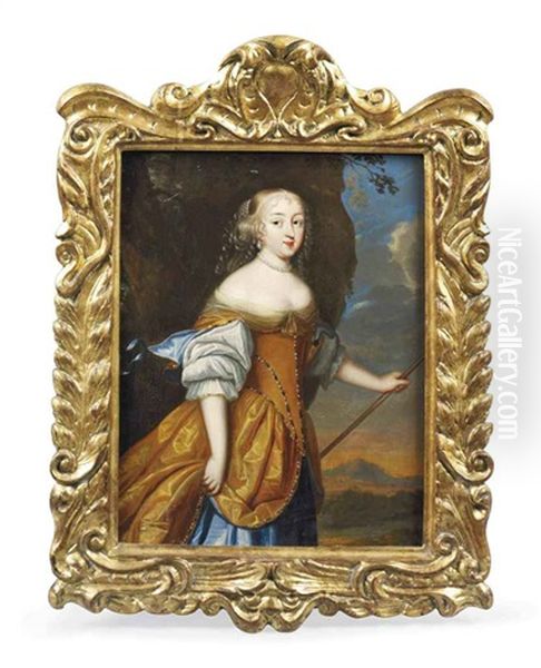 Portrait Of A Lady In An Ochre And Blue Silk Dress, A Staff In Her Left Hand, In A Landscape - view 1