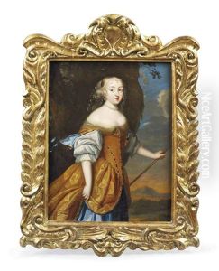 Portrait Of A Lady In An Ochre And Blue Silk Dress, A Staff In Her Left Hand, In A Landscape by Caspar Netscher