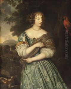 Portrait Of A Lady, In A Blue Dress With Pearls And A Silver Colored Wrap, In A Landscape With A Dog And A Parrot To Her Side by Caspar Netscher