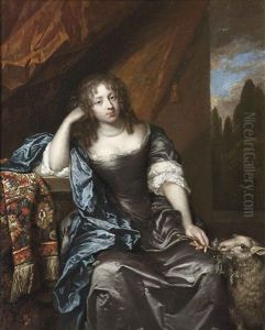 Portrait Of A Lady, In A Gray Silk Dress With Lace Chemise, Blue Wrap And A Pearl Necklace, Holding A Branch In Her Left Hand, A Lamb At Her Side