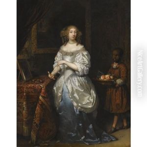 A Portrait Of A Lady, Wearing A Blue-and-white Satin Dress, At Her Toilet, Attended By A Negro Page Bearing A Dish Of Fruit by Caspar Netscher
