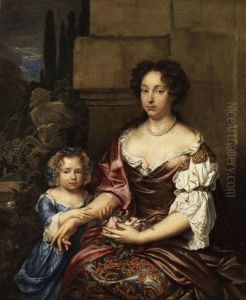 Portrait Einer Dame Mit Einem Madchen by Caspar Netscher