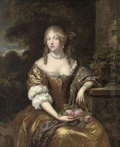 Portrait Of A Lady In A Gold Dress And Blue Wrap With Gold Embroidery, A Wooded Landscape Beyond