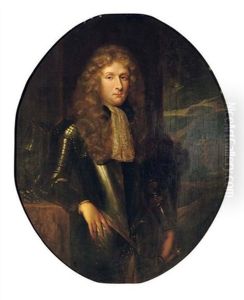 Portrait Of A Gentleman In Armour And A Lace Jabot, Leaning On A Stone Ledge, A Landscape Beyond