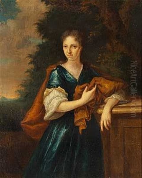 Portraet Af En Herre Med Hvid Paryk I Lysebla Dragt Og Rod Flojlskappe (+ Portraet Af En Dame I Bla Kjole Og Rodt Sjal; 2 Works) - view 1