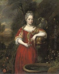 Portrait Of A Lady In A Red Dress And Gold Coloured Chemise And Wrap, Holding Flowers In Her Right Hand, Standing By A Fountain In A Garden by Caspar Netscher
