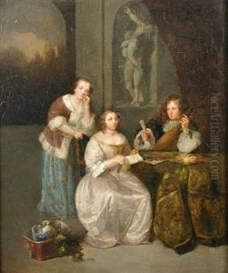 A Lady Reading A Letter To A Gentleman Holding A Mandolin, In An Interior