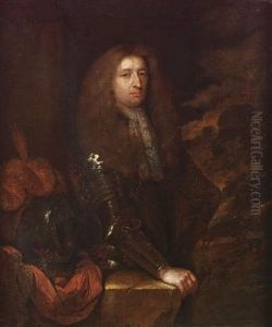Portrait Of An Officer, Small Three-quarter-length, In Armour And A Lace Jabot, His Hand Resting On A Partially Draped Stone Plinth With A Plumed Helmet, A View To A Battle Beyond