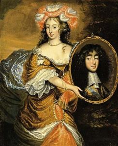 Portrait Of A Princess, Henrietta Anna Stuart Of England (?), Wearing A Red And Orange Silk Dress With Slashed Sleeves, Pearl Earrings And Necklace, A Feathered Bonnet, With A Portrait Of Her Husband by Caspar Netscher
