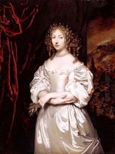 Portrait Of Suzanna Huygens In White Satin, An Evening Landscape Beyond